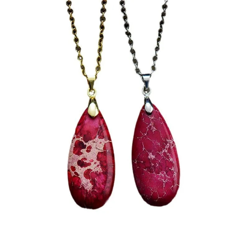 Genuine jade water drop pendant necklace with 18K gold plating in four colour options on a metal chain.