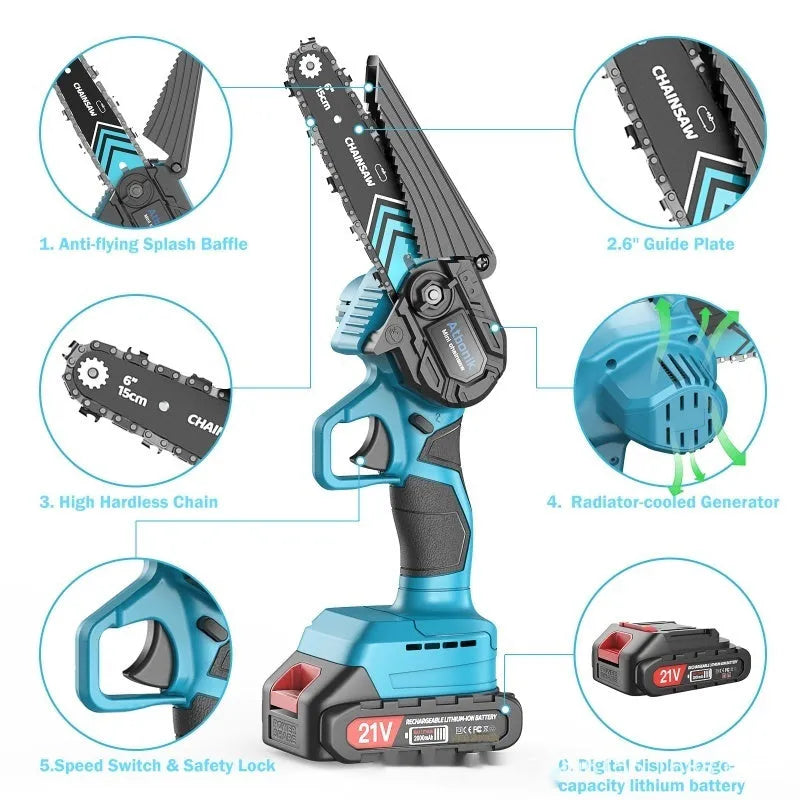 6-inch handheld cordless electric chainsaw with two batteries, safety goggles, gloves, and tools in a storage box