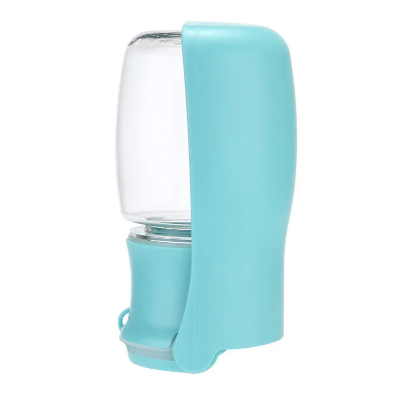 Foldable dog water bottle with dispenser in blue, pink or white colours showing collapsed and expanded states