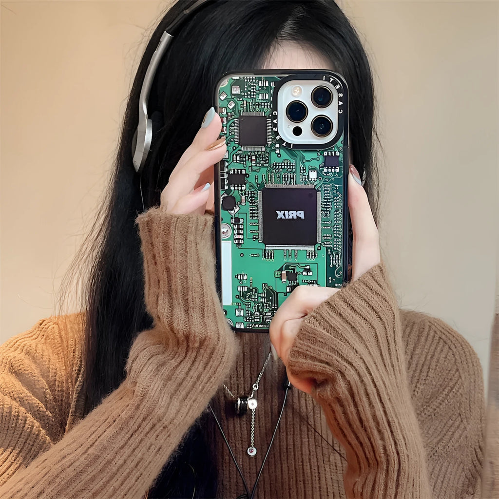 Circuit board acrylic phone case with hard PC shell for Apple iPhone, shown in IC Board or White Circuit Board colour.