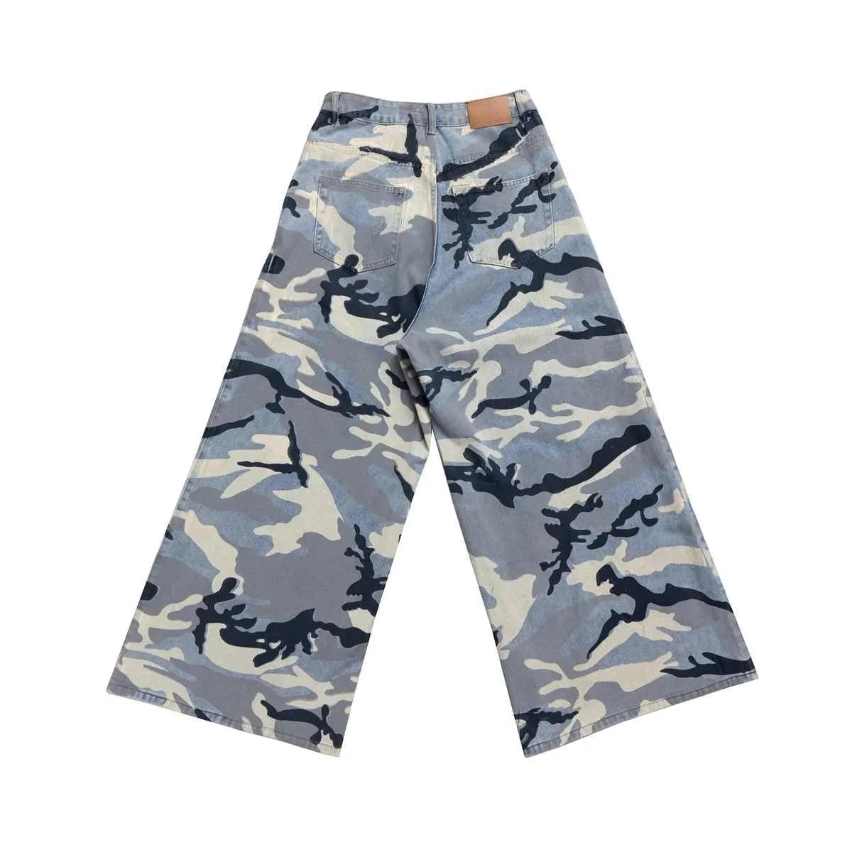 Snow camouflage blue loose fit denim jeans on a mid waist, showing the micro-elastic fabric texture.
