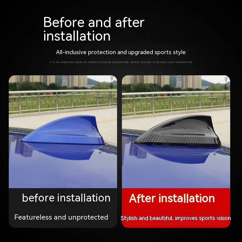 BMW shark fin antenna cover in carbon drill pattern and piano black finishes for Type A, B, and E models.