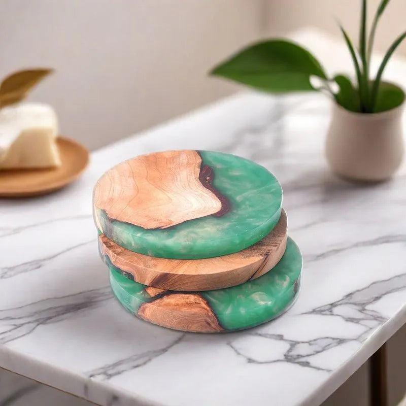 A solid wood resin coaster in a Nordic style, showing a round tumour green pattern on a 9.8cm wide, 1cm thick base.
