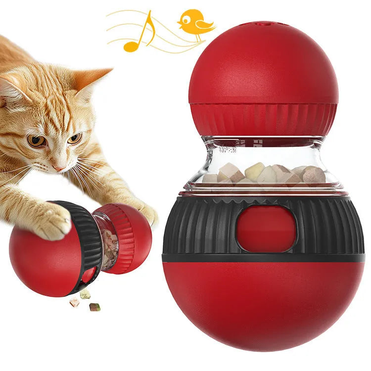 Super ball coloured plastic rotating cat toy with sound feature for food dispensing.