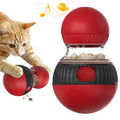 Super ball coloured plastic rotating cat toy with sound feature for food dispensing.