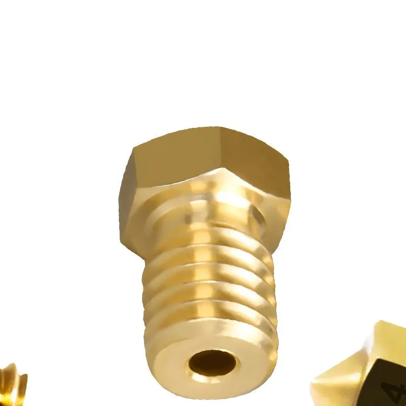 Brass 3D printer nozzle with M6 thread, showing multiple aperture size options.
