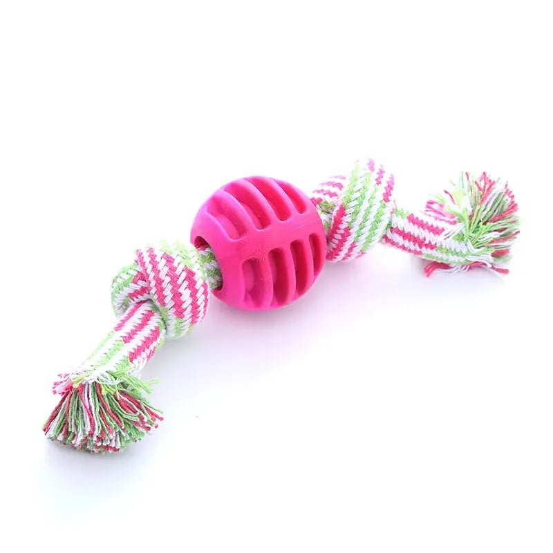 Cotton rope double knot ball dog toy in blue green orange pink red for chewing and tooth cleaning