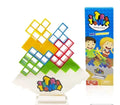 Plastic balance stacking game with 16 colourful building blocks on a square chassis