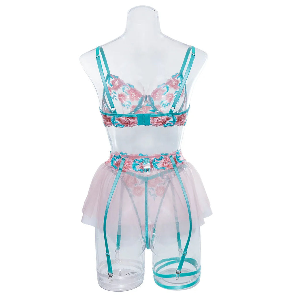 Pink women's mesh pettiskirt suit with embroidery detailing and bikini components