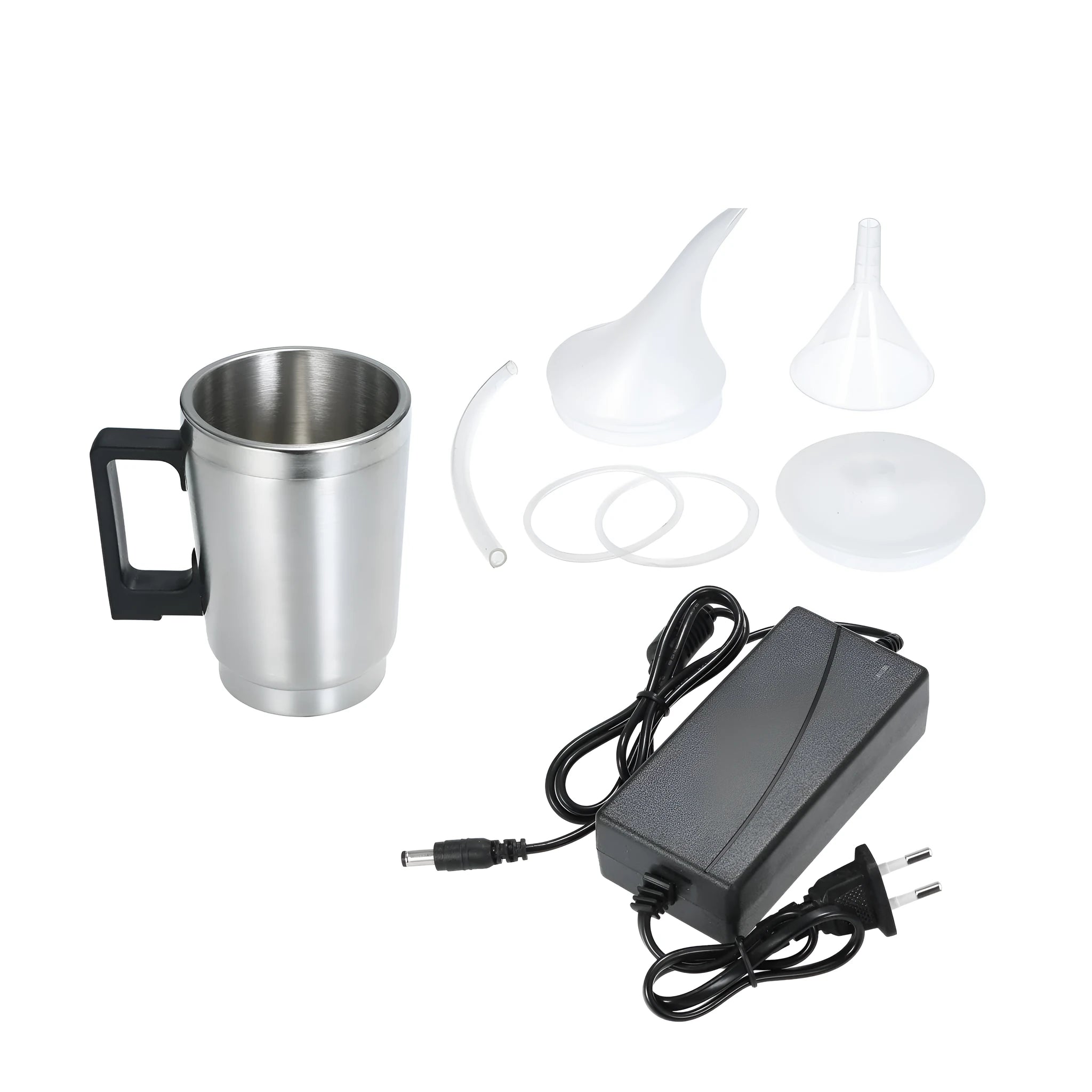 Automotive headlamp renovation kit with stainless steel polishing cups and power adapters.
