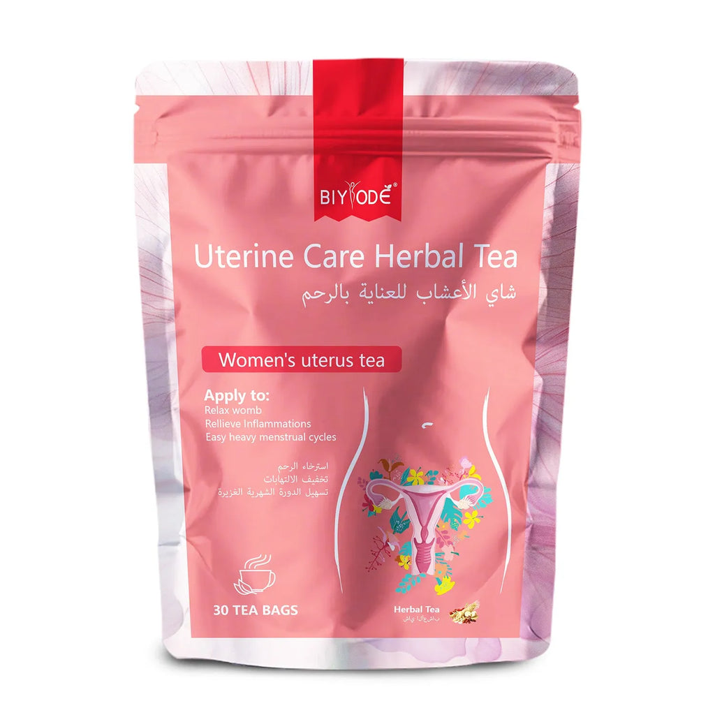 Bottle of uterine care herbal tea with 30 tea bags for womb relaxation and menstrual cycle balance