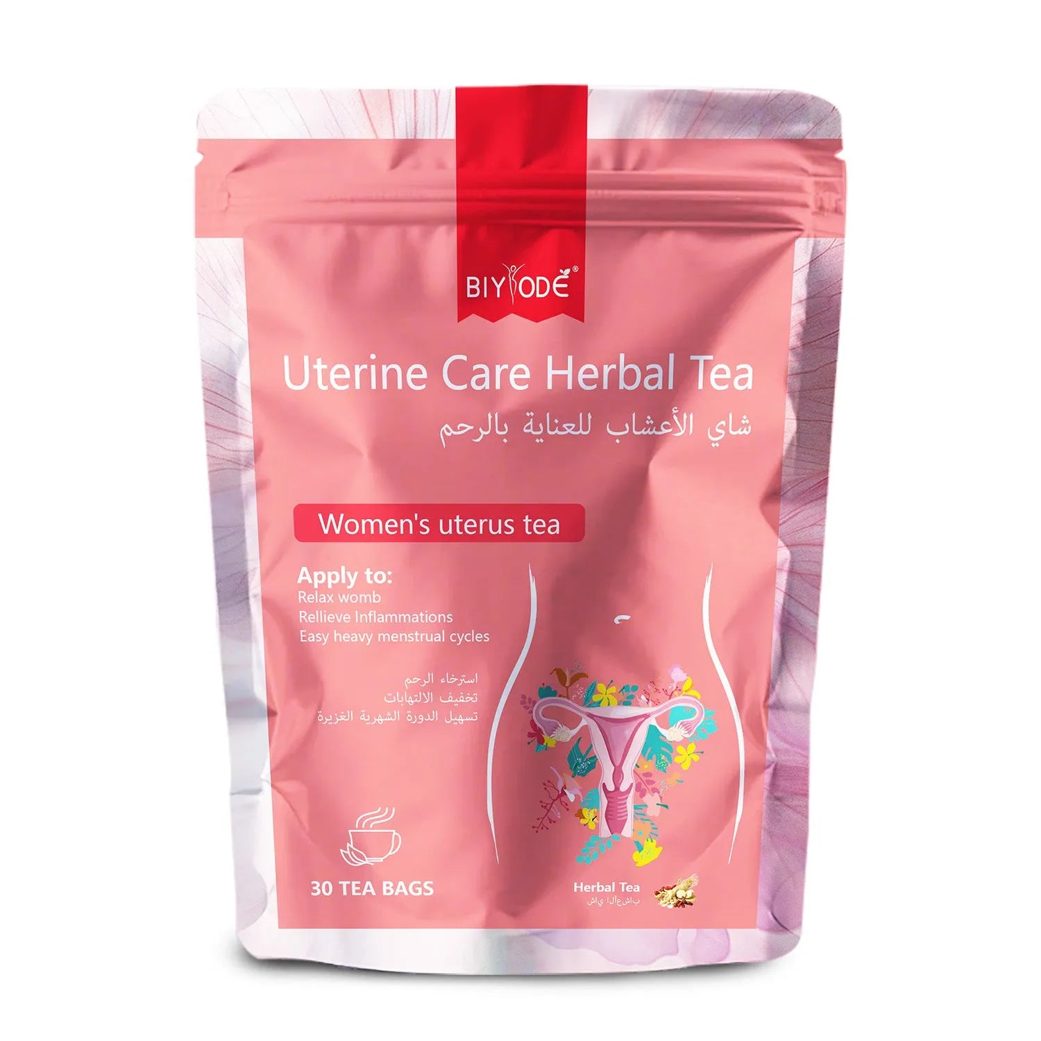 Bottle of uterine care herbal tea with 30 tea bags for womb relaxation and menstrual cycle balance