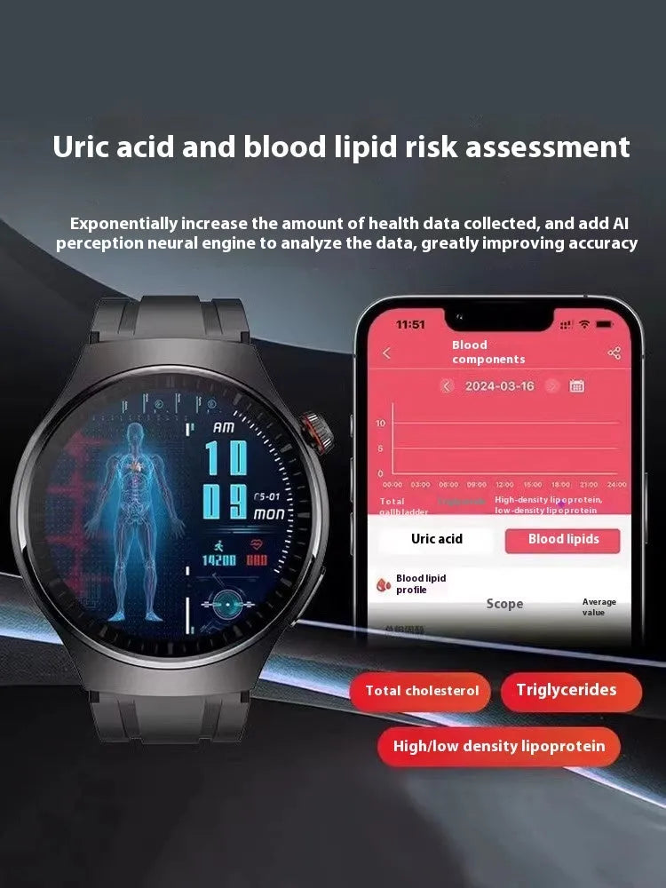 Amber brown non-invasive blood glucose smart bracelet with ECG and heart rate monitoring on TFT screen for adults