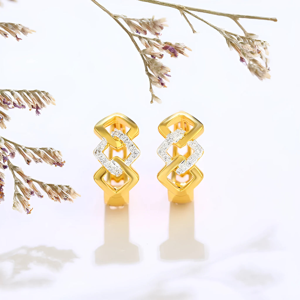 A pair of gold-coloured geometric alloy earrings with a hollow-out design.