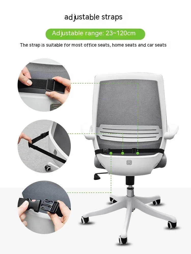 A solid-colour memory foam seat cushion with an adjustable strap, shown in creamy white.