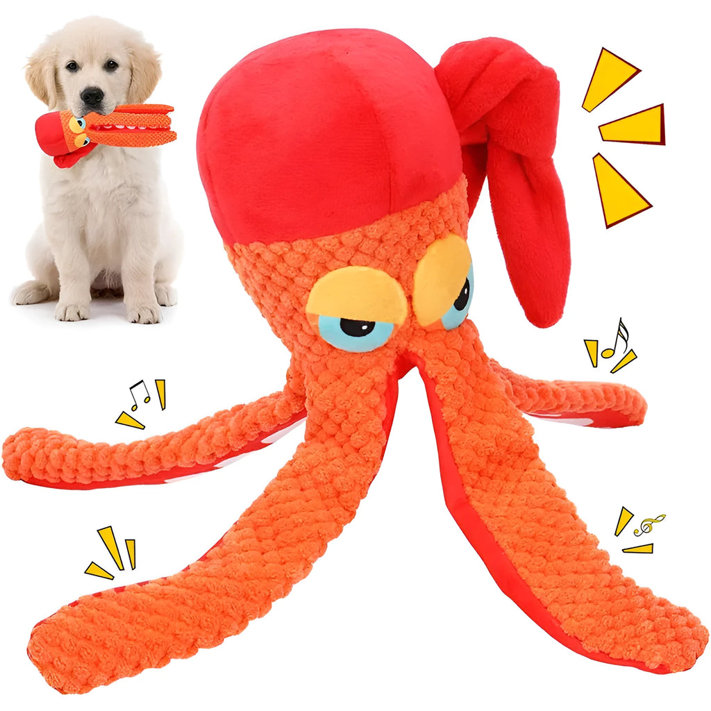 Orange octopus plush dog toy with squeaker measuring 24cm length for interactive play