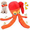 Orange octopus plush dog toy with squeaker measuring 24cm length for interactive play