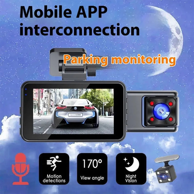 Black 3 lens driving recorder dash cam with 3 inch screen for front windshield mounting.