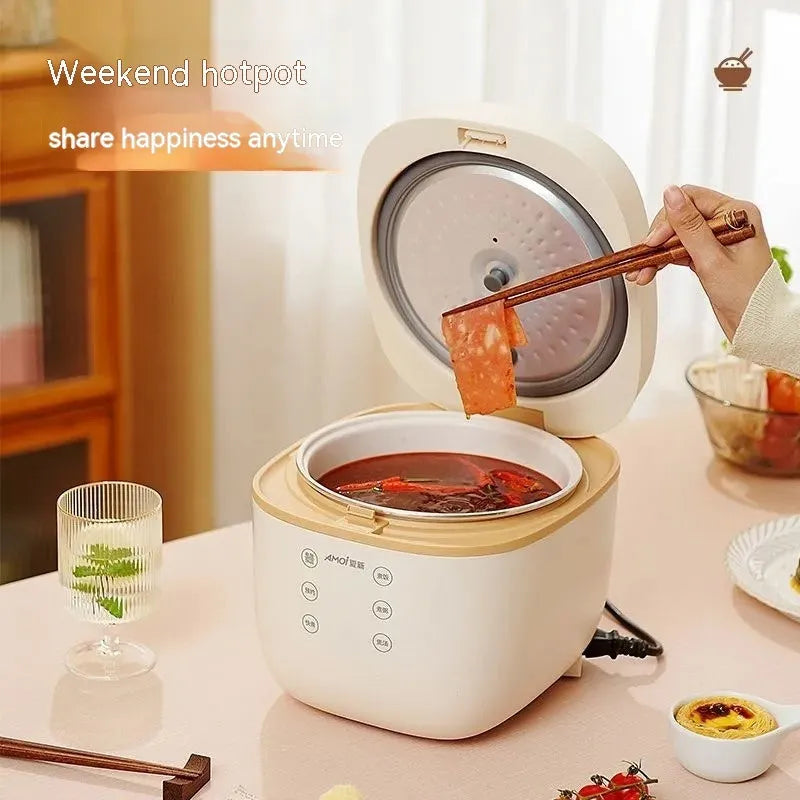 White or beige 3L multi-function rice cooker with accessories on kitchen counter