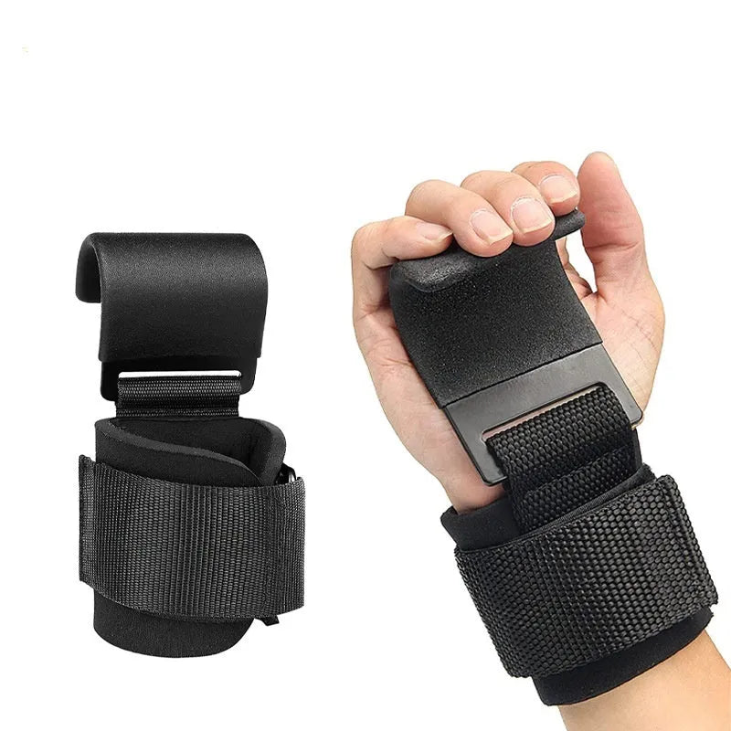 Black fitness grip hook wrist band pair for pull-up assistance and horizontal bar workouts