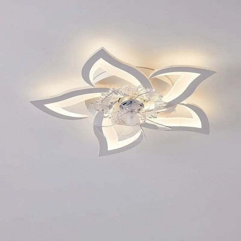 Modern white ceiling fan light with six blades and integrated light, bauhinia flower design.