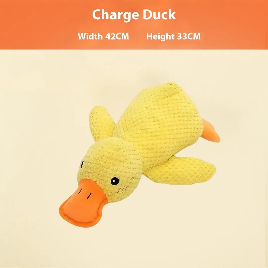 A selection of colourful plush pet toys including a rechargeable duck, a blue elephant, and a donkey.