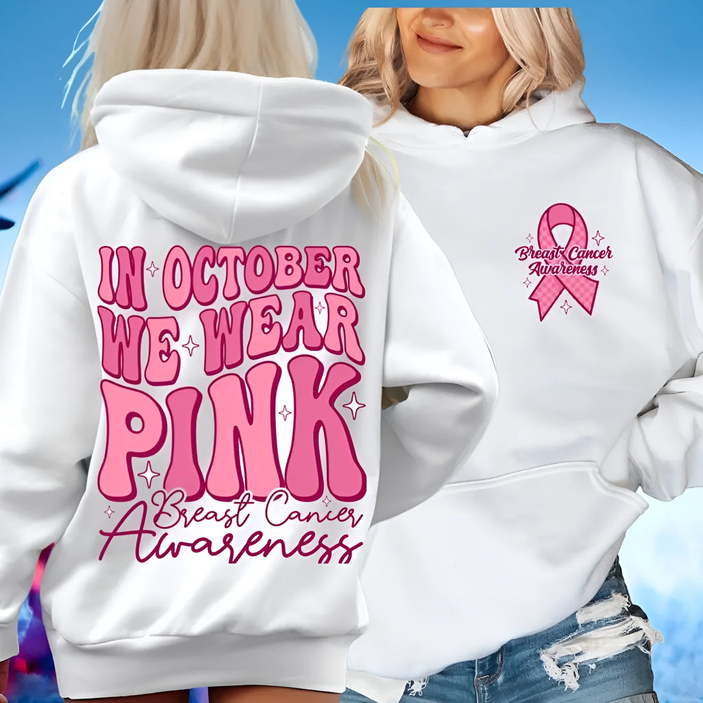 Women's pink breast cancer awareness hoodie with art retro pattern and side seam pockets.
