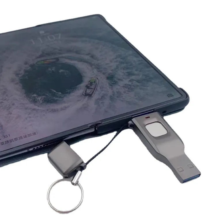 Black fingerprint USB flash drive showing USB 3.0 connector and Type-C port for computers and mobile devices