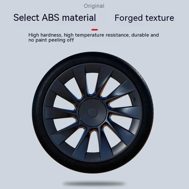 Set of four plastic wheel hub covers with steel ring for Tesla Model Y in different colours.