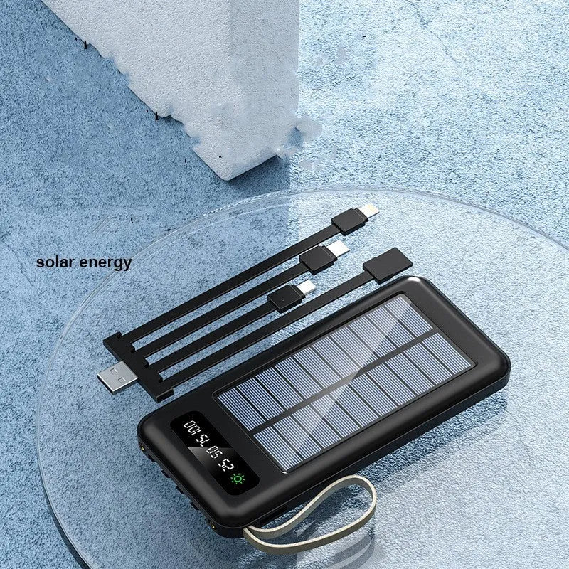 Solar Super Capacity Power Bank in black or white, showing solar panel and compact 144mm design.