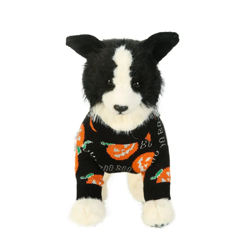 Black polyester Halloween dog sweater with orange pumpkin pattern showing front view