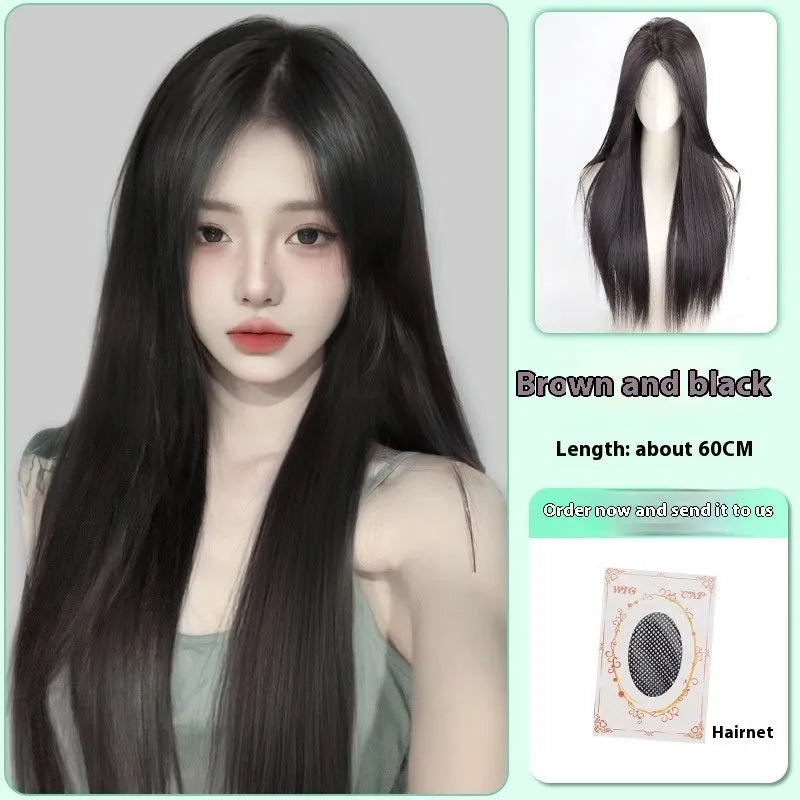 Female full-head wig with forehead lace construction in brown black colour with long straight styling