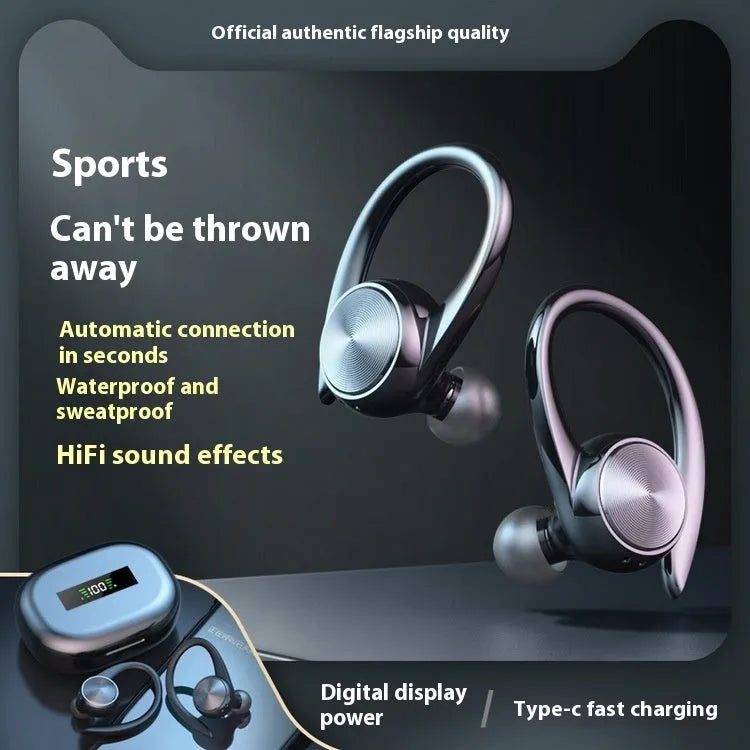 R200TWS sports Bluetooth headset ear-mounted plastic build with digital display in black colour