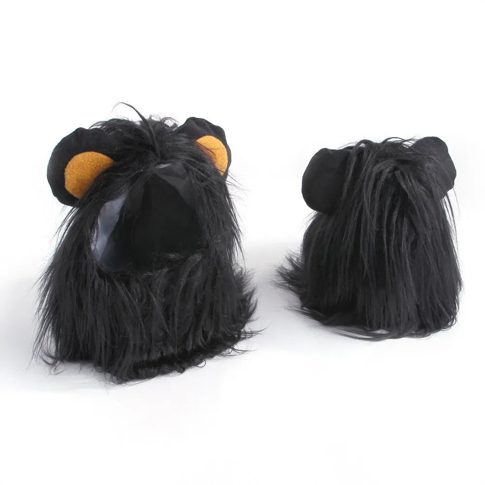 Black and white pet cat lion headgear wig hat costume with elastic chin strap in three size options