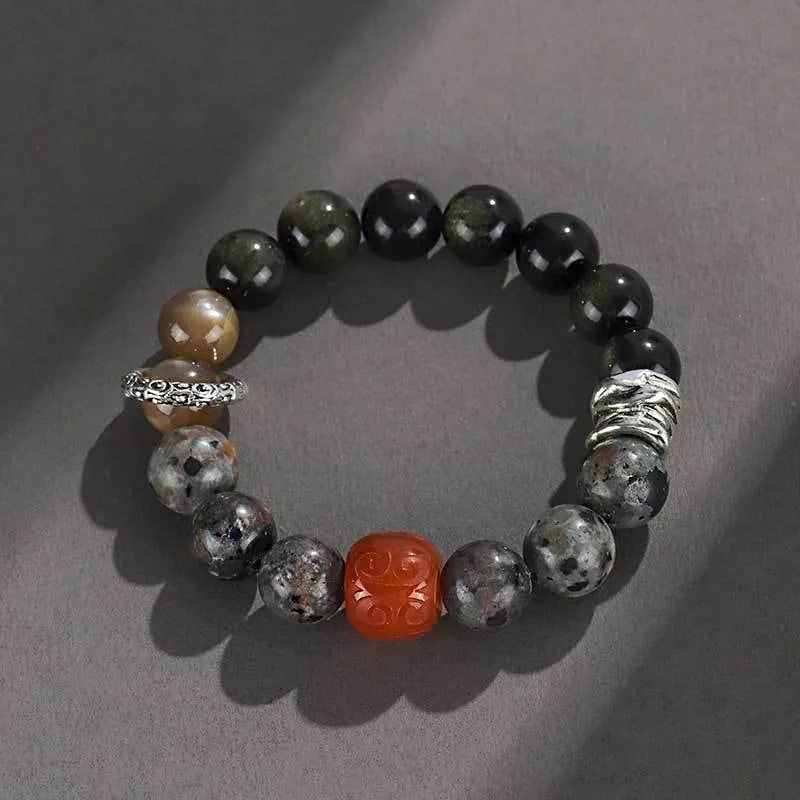 Gold obsidian flame stone red agate unisex bracelet with original design
