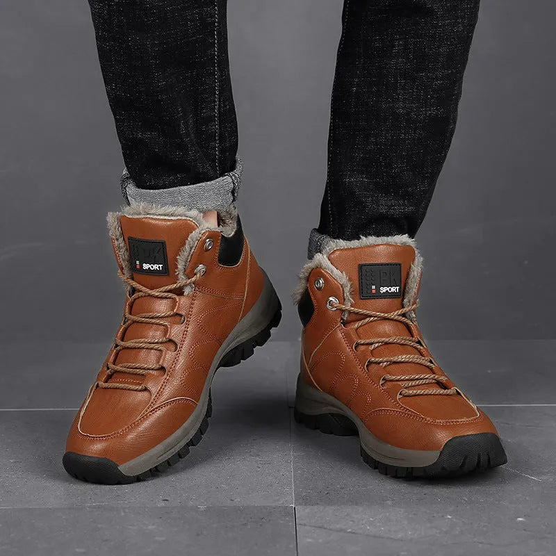 Men's winter boots warm leather shoes black artificial PU upper rubber sole thick plush lining