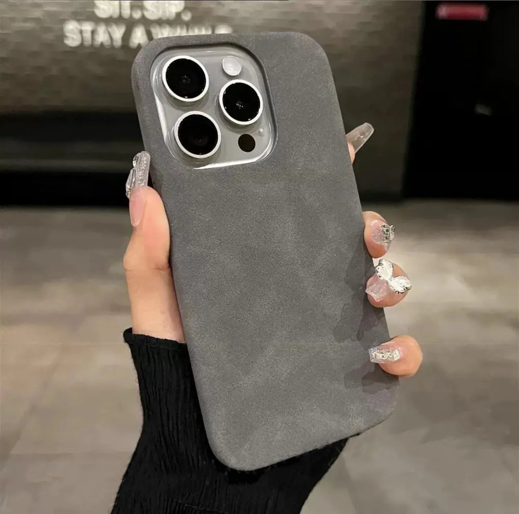 Frosted imitation leather half-pack phone case in a solid colour on an iPhone.