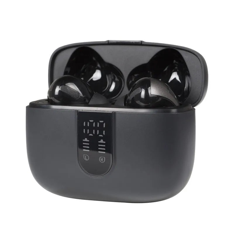 Jerry X08 wireless Bluetooth in-ear headphones and charging case with digital display in black, grey, or white.