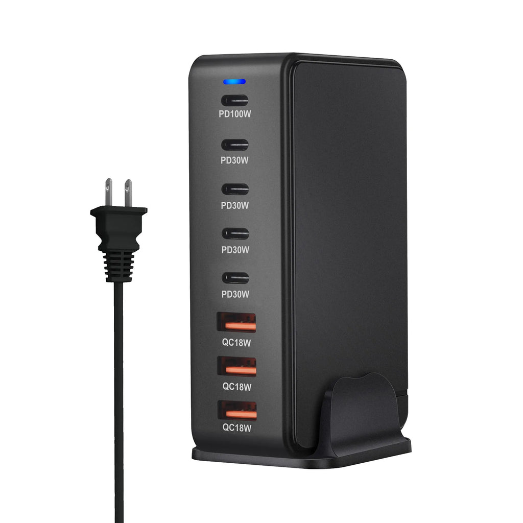 268W gallium nitride 8-port desktop charger with 5 USB-C and 3 USB-A ports in white colour