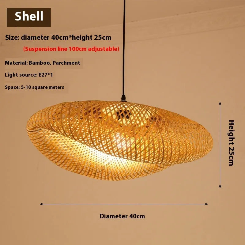 Bamboo chandelier light with Chinese design and 40cm diameter shell.