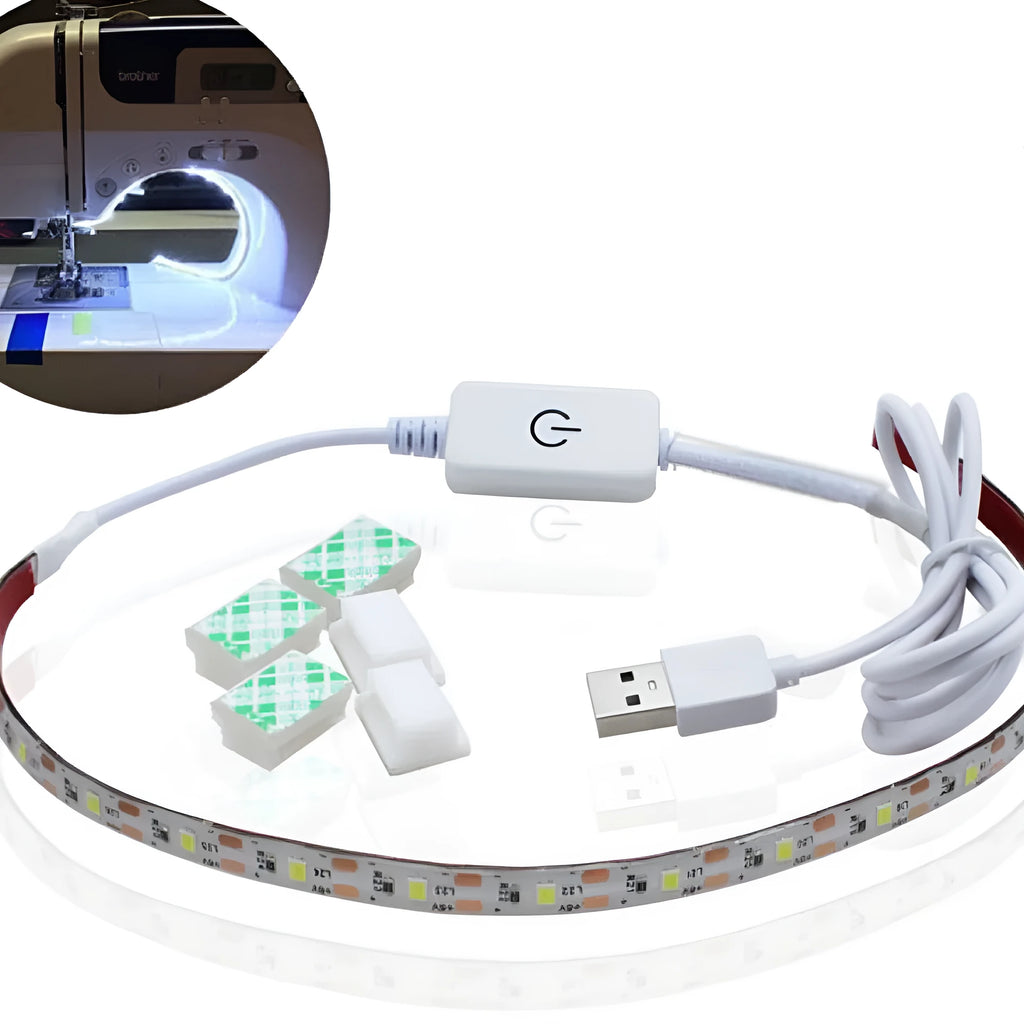 Flexible USB LED light strip with touch control showing positive white and warm white illumination options