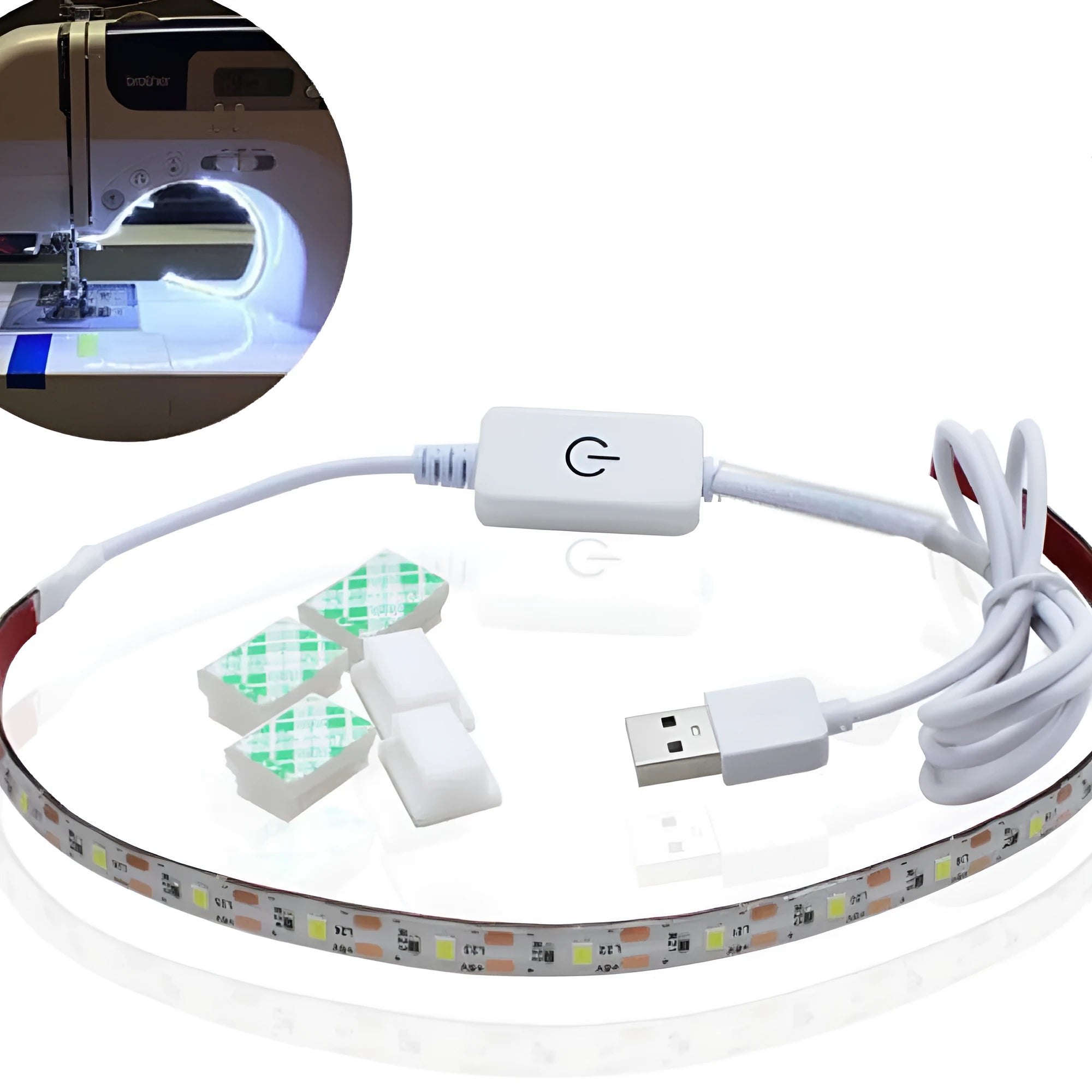 Flexible USB LED light strip with touch control showing positive white and warm white illumination options