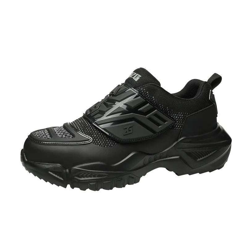Black steel toe cap safety work shoes with felt buckle closure and lightweight EVA sole