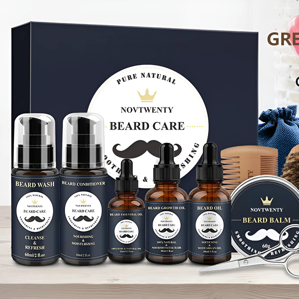 Peach wood beard care kit with comb, brush, balsam, and pogonotomy scissors in 10-15cm size
