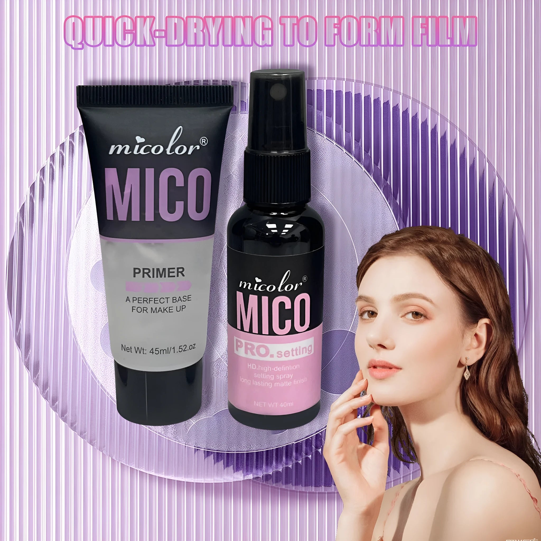 Make-up primer and final sealer spray duo with 45ml and 40ml monochrome bottles