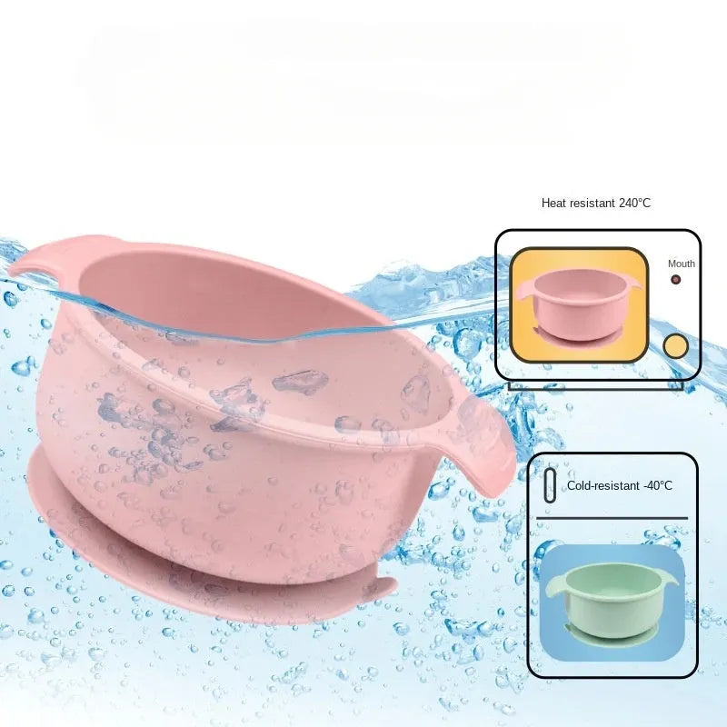 Flexible silicone pet bowl with suction cup base, shown in blue, folded flat next to a dog