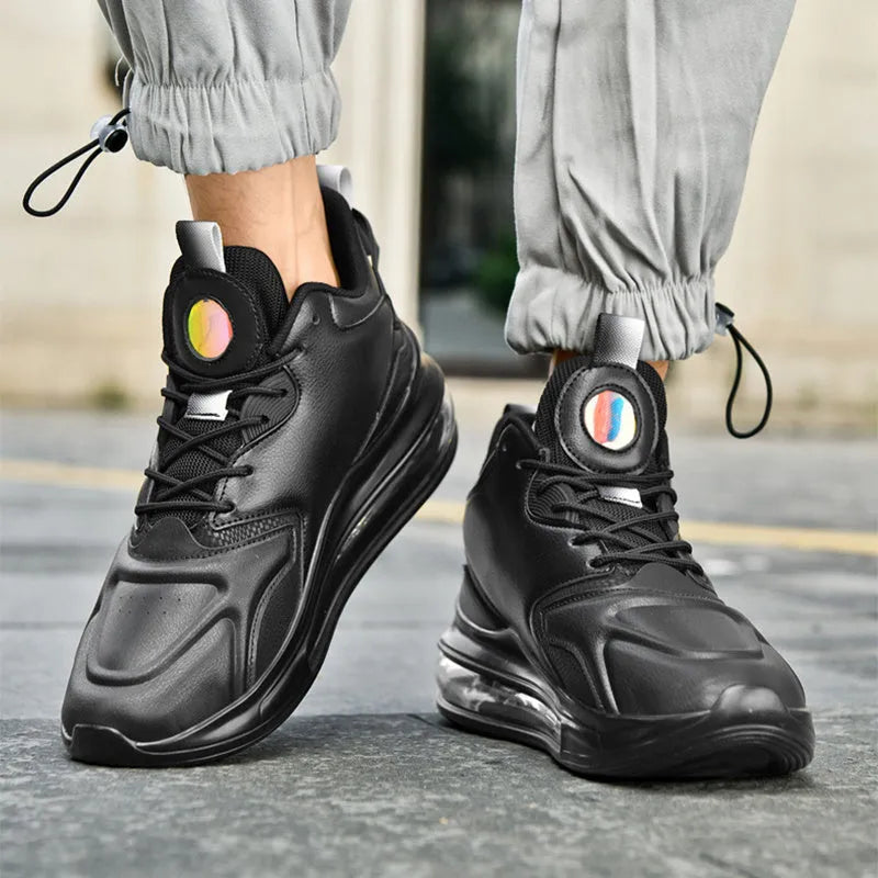Men's colour-matching lace-up air cushion sneakers with thick sole, microfiber upper, and PU sole in black, green, and white