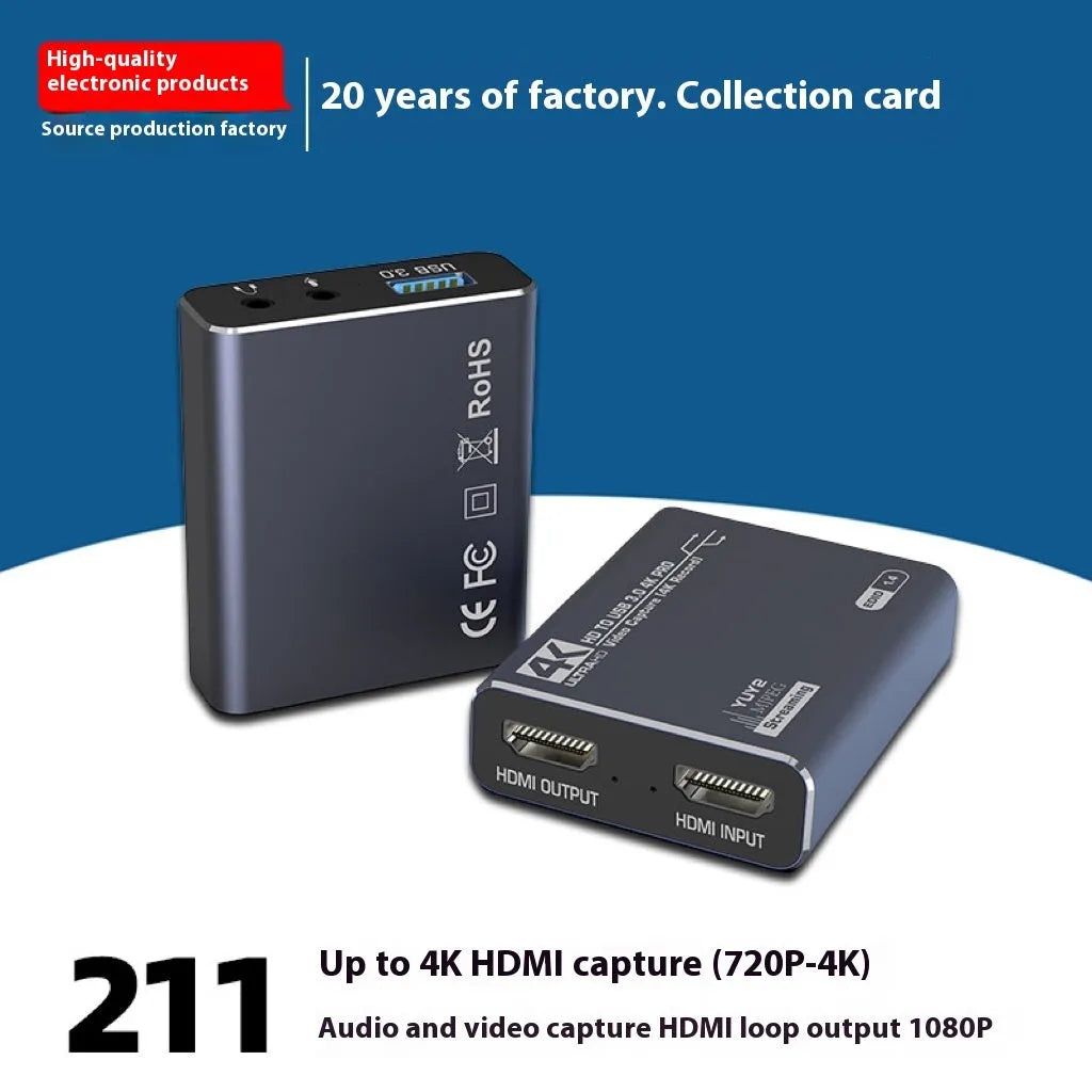 Black 4K gaming set-top box with MS2131 chip for 1080 resolution playback and audio recording.