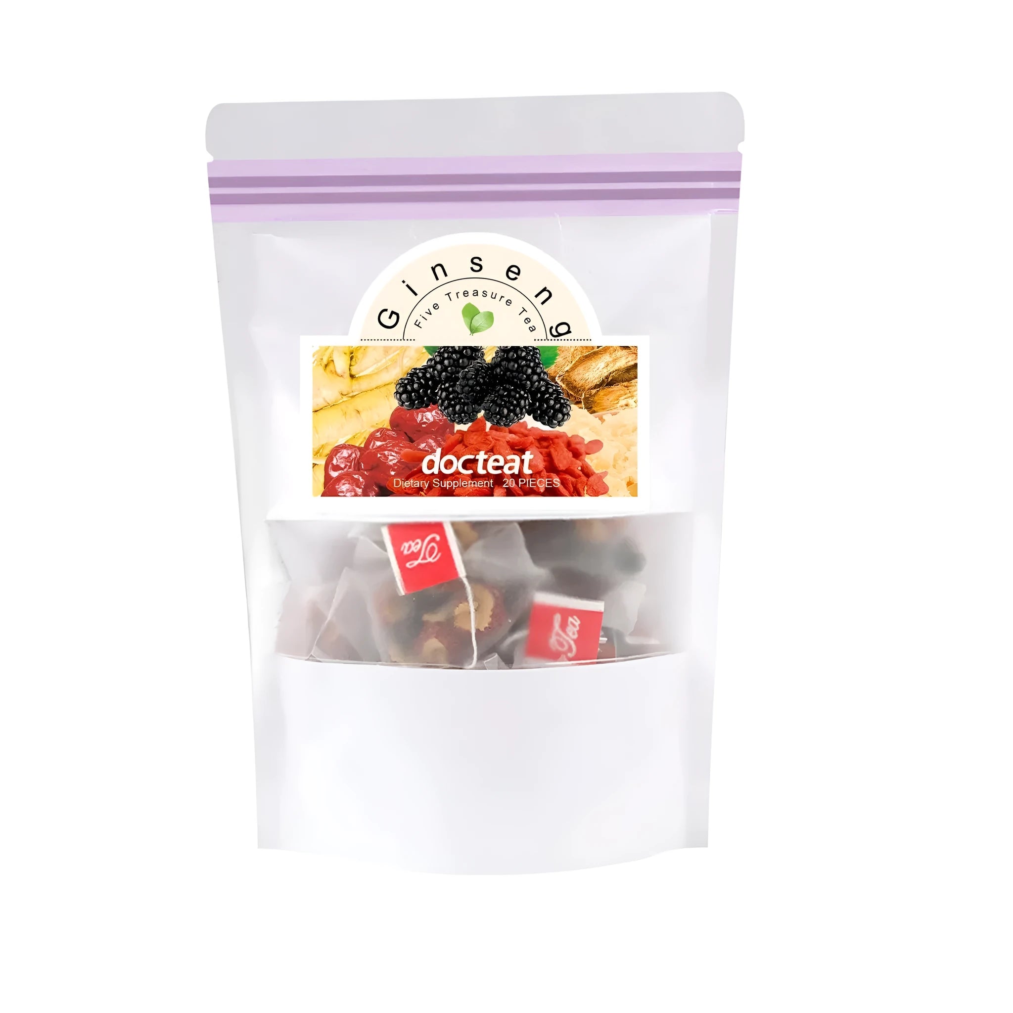 Ginseng Five Treasure Tea box with 20 herbal tea bags containing goji berries, ginseng, and hawthorn