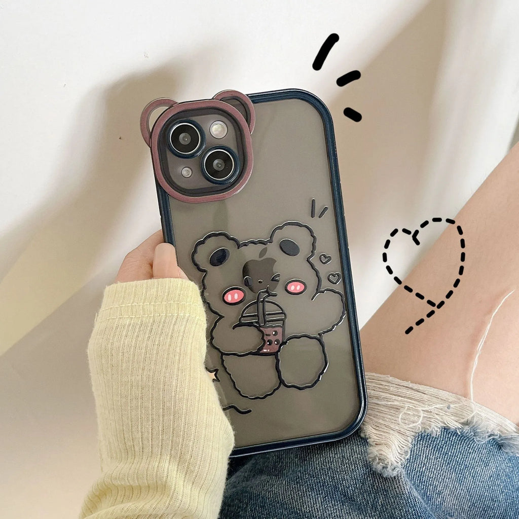 Bear photo frame TPU phone case for iPhone with Drinking Milk Tea bear graphic on a soft back cover